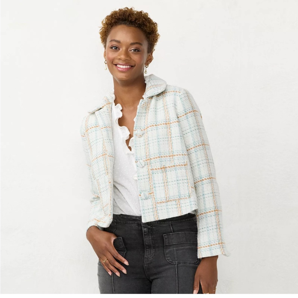 Lauren Conrad White Blue Tan Plaid Jacket Size XLP
